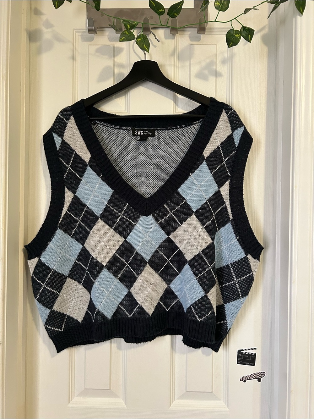 SWS Joy Women’s Argyle V-Neck Sweater Vest in Light Blue and Black